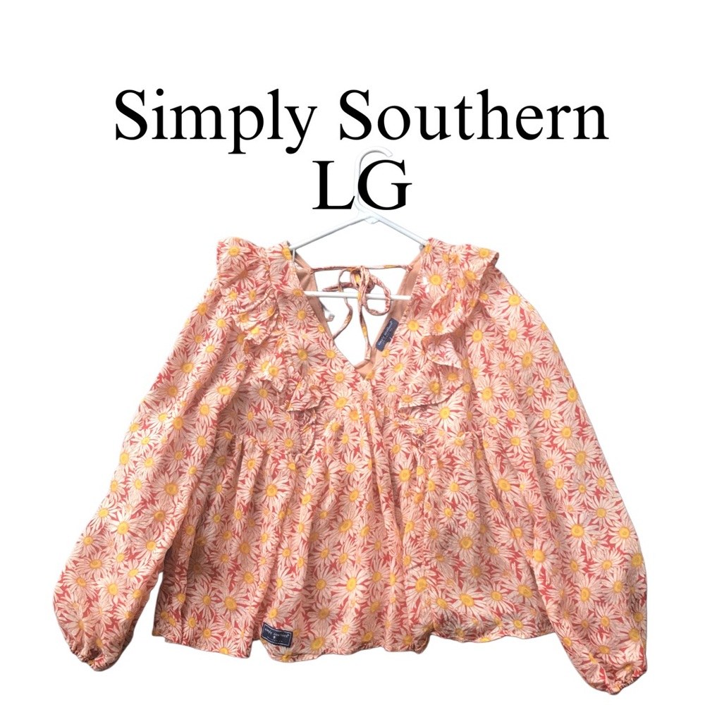 Simply Southern Floral Blouse Lined Baby Doll AOP Daisies LG Tie Back Ruffle